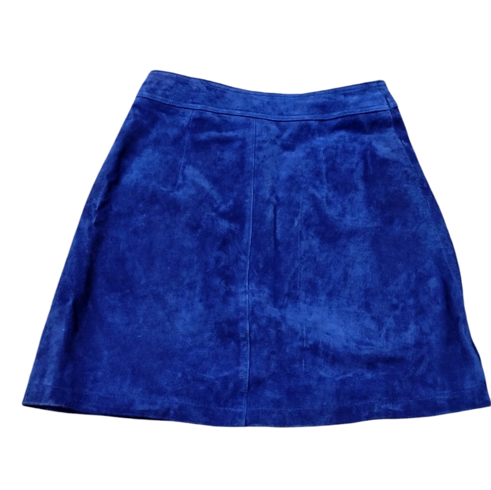 Anthropologie Blue 100% Suede Leather A-Line Button Down Skirt - Picture 4 of 11